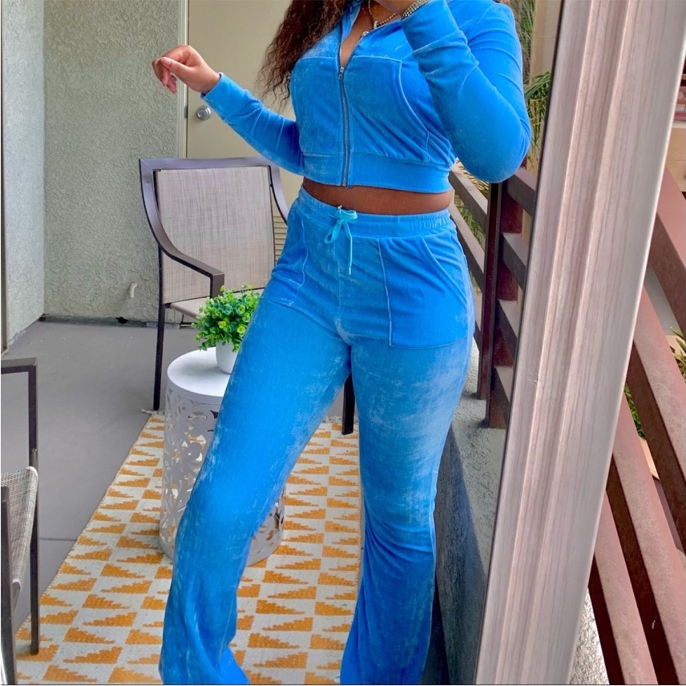 Y2K Blue Velour Track Suit Set